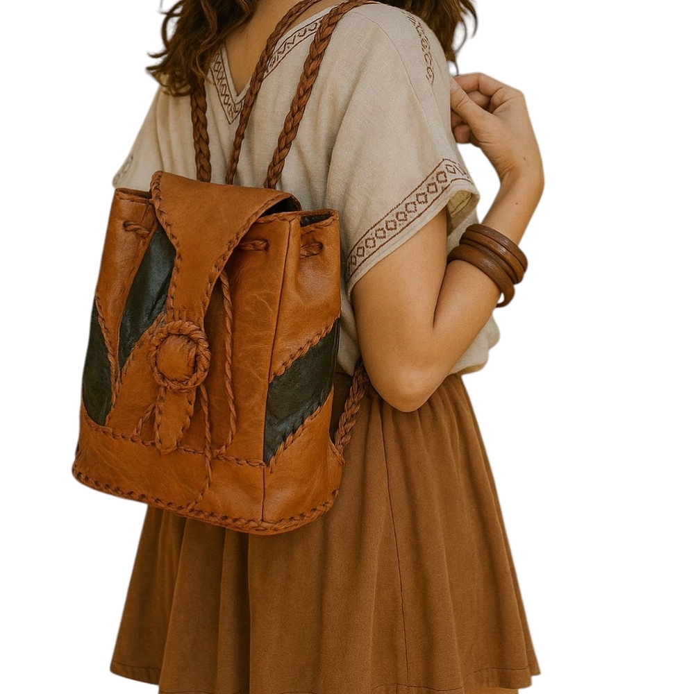 Vintage Leather Handcrafted Western Backpack Brown Navajo Inspired Boho